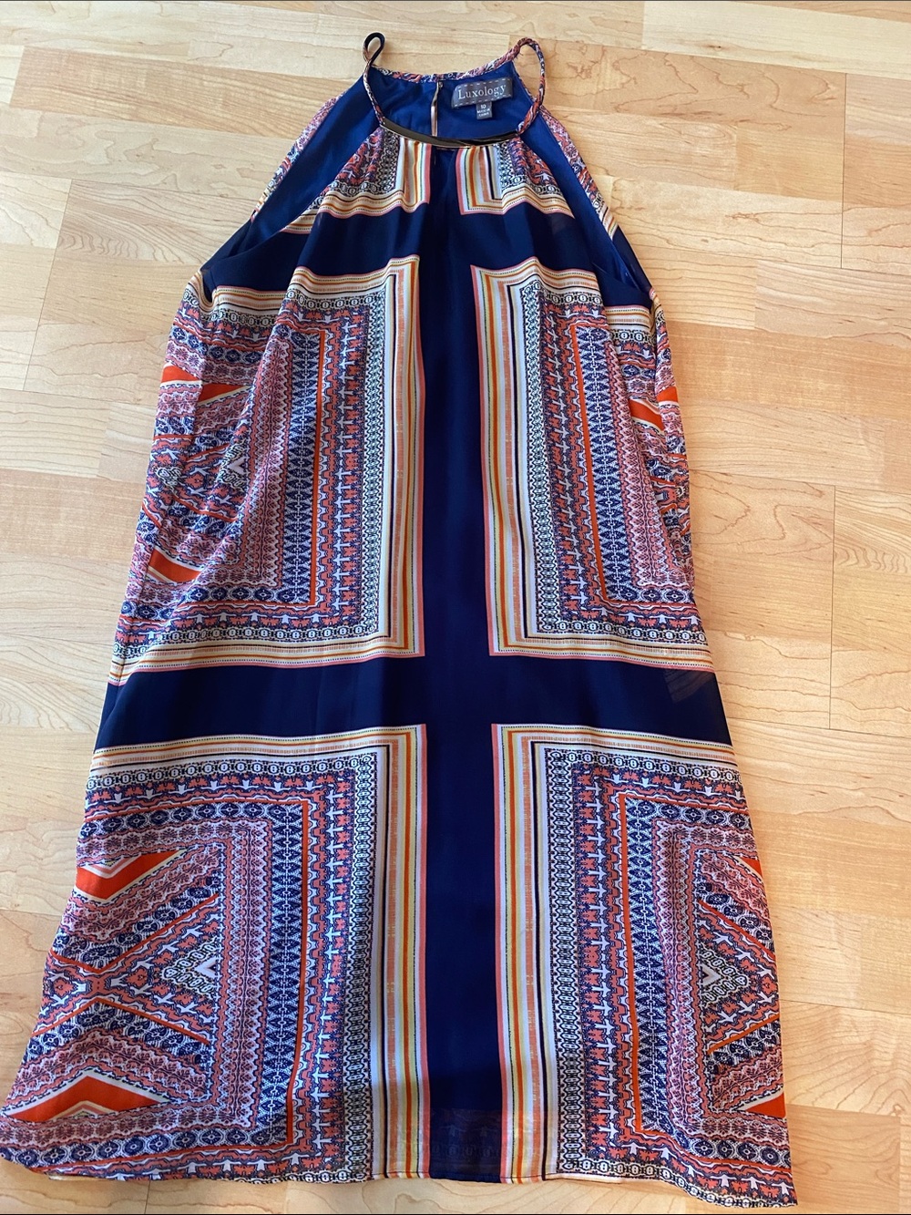 Wonens Lucology Navy, Orange & Cream Halter Print Midi Dress